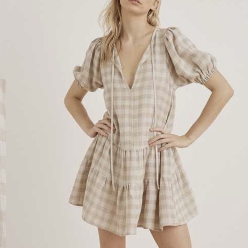 Lana Natural Check Print Linen Mini Dress